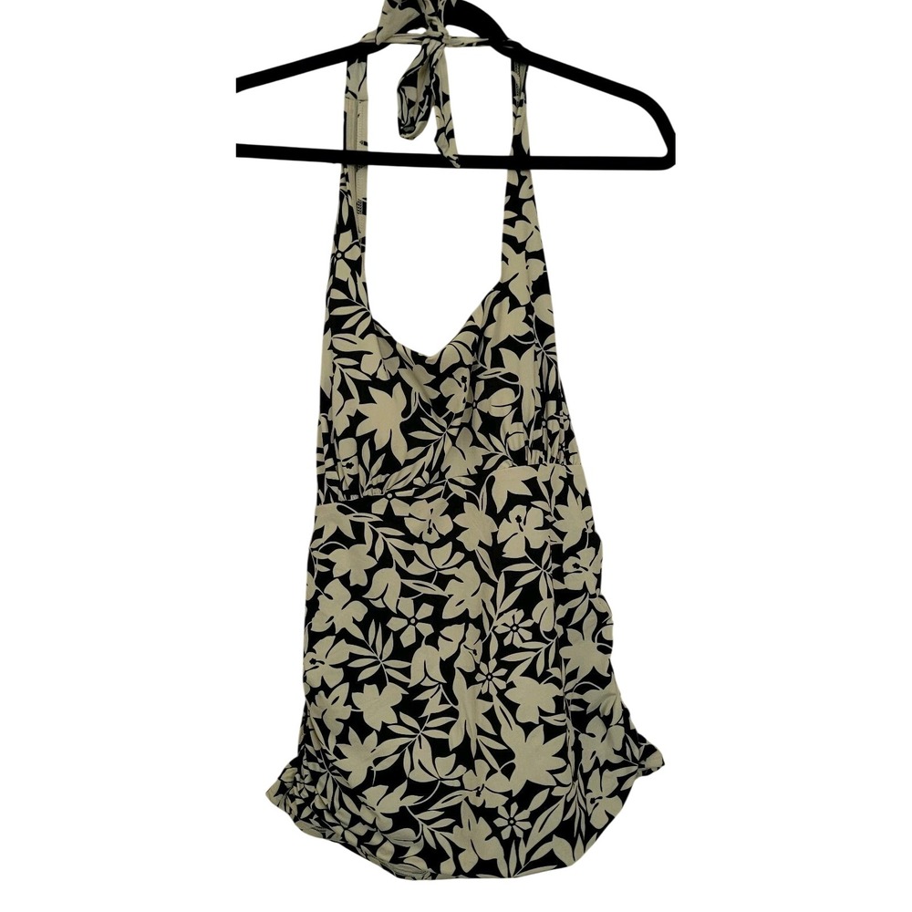 Lands' End Women's Floral Halter Tankini Swim Top Black White Size 14